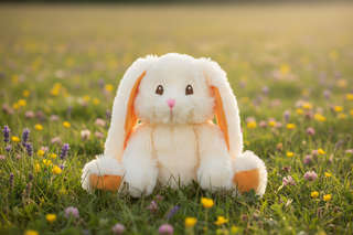 Plush toy rabbit sitting in a field of flowers