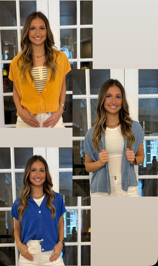 Three images of a woman wearing different colored cardigans in front of a window.