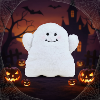 White ghost plush toy with Halloween background featuring pumpkins and a haunted house.