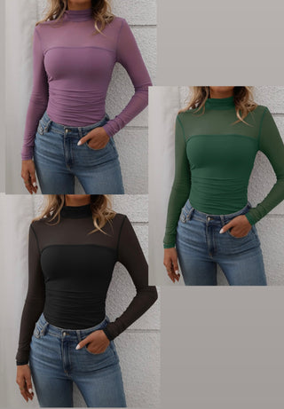 3 women each wearing a purple, green and black mesh long sleeve top