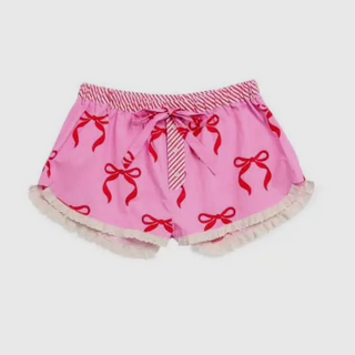Bow lounge shorts with red bows and pink background 