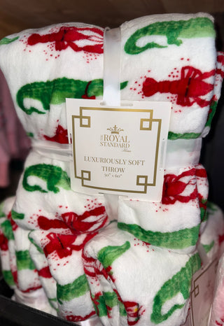 Soft Cajun Christmas throw blanket with crawfish and alligators