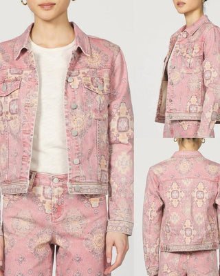 Pink Ainsley Tibetan tapestry jacket open with white shirt underneath with collar and silver buttons