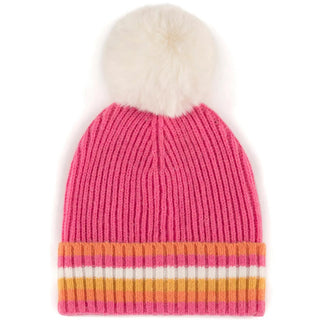 Pink knit beanie with a white pom-pom on a white background