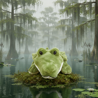 Plush alligator toy in a marshy area with trees and water in the background