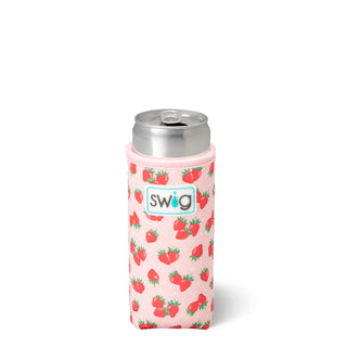 Pink can cooler with strawberry pattern and 'swig' logo on a white background