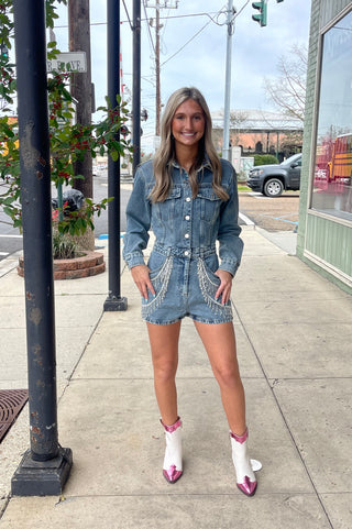 Denim Rhinestone Trim Romper