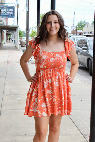 Orange Floral Print Dress