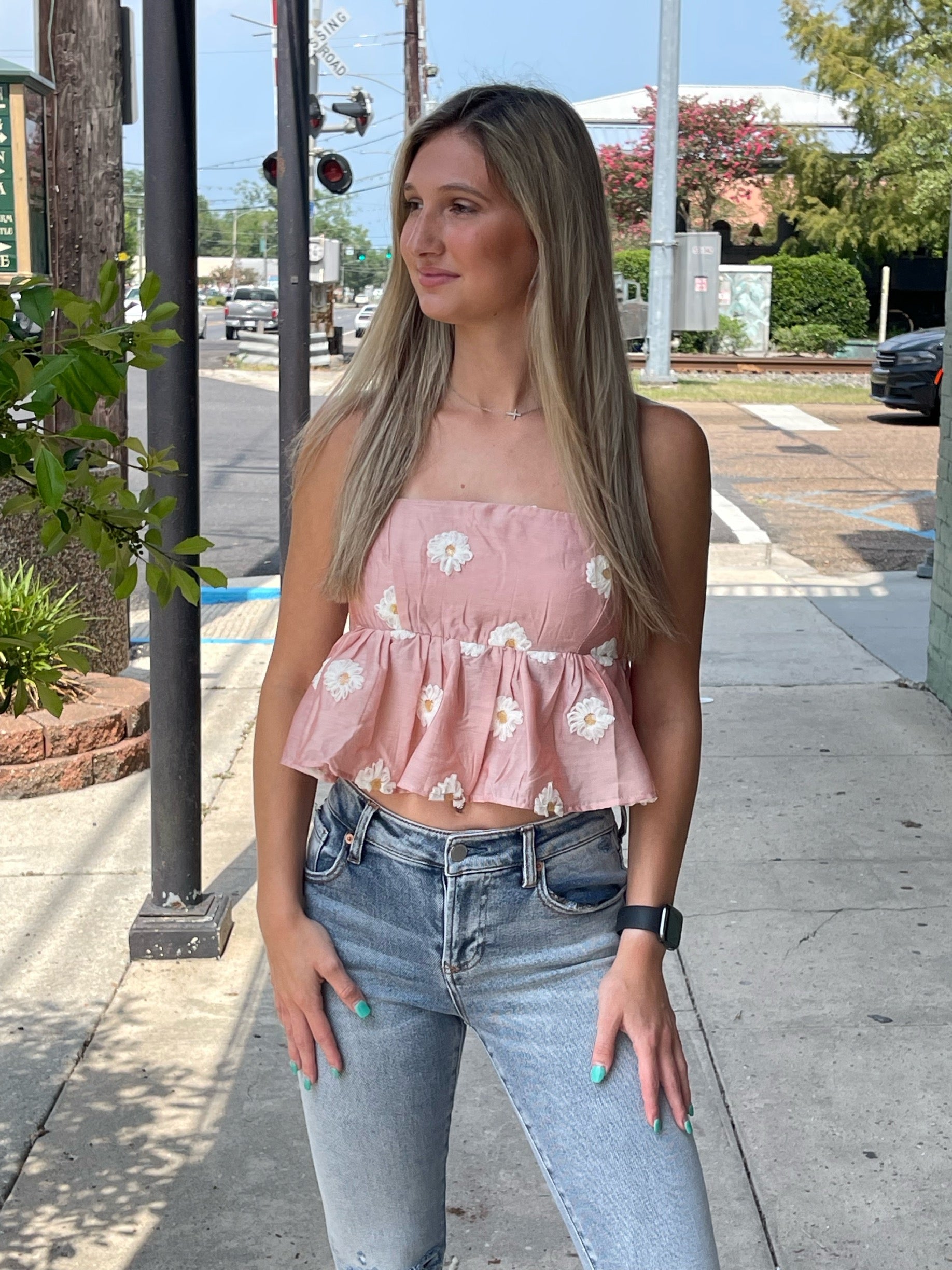 Pink White Floral Crop Top