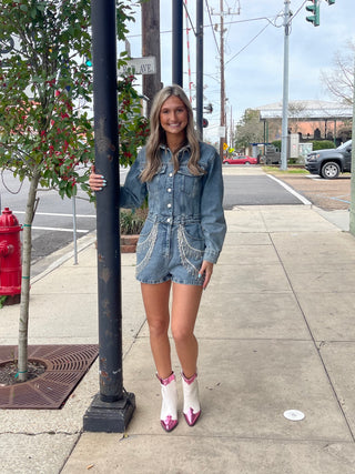 Denim Rhinestone Trim Romper