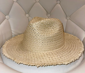 Beige Frayed Solid Straw Sun Hat