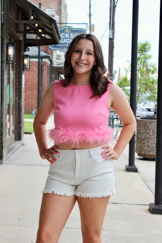 Pink Feather Trim Crop Top