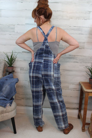 Washed Denim Plaid Overalls
