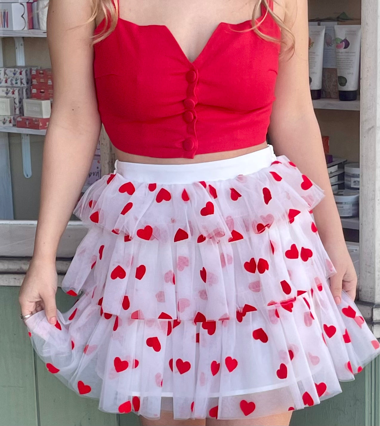 Pink skirt sales with red hearts