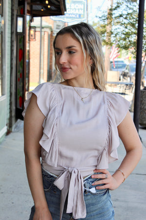 Taupe Ruffle Shoulder Top