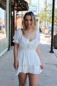 White Puff Sleeve Tiered Romper